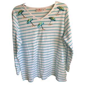 QUAKER FACTORY stripe 3/4 sleeve jersey knit beach umbrella bling v neck sz L